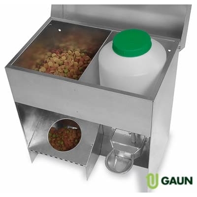 Dimensiones: 460 x 300 x 570 mm. Tolva mixta compuesta por un comedero con una capacidad de 8 kg. y un bebedero automático de aluminio con un depósito de 8 litros. Fabricada en chapa galvanizada. Tapa abatible para llenar tanto el comedero como el bebedero.